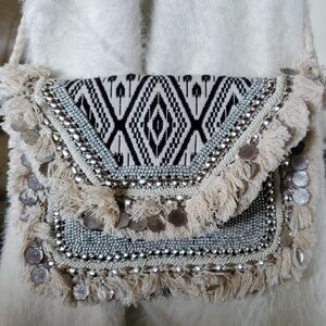 Antik Kraft Black and Cream Beaded Boho Fringe Bag